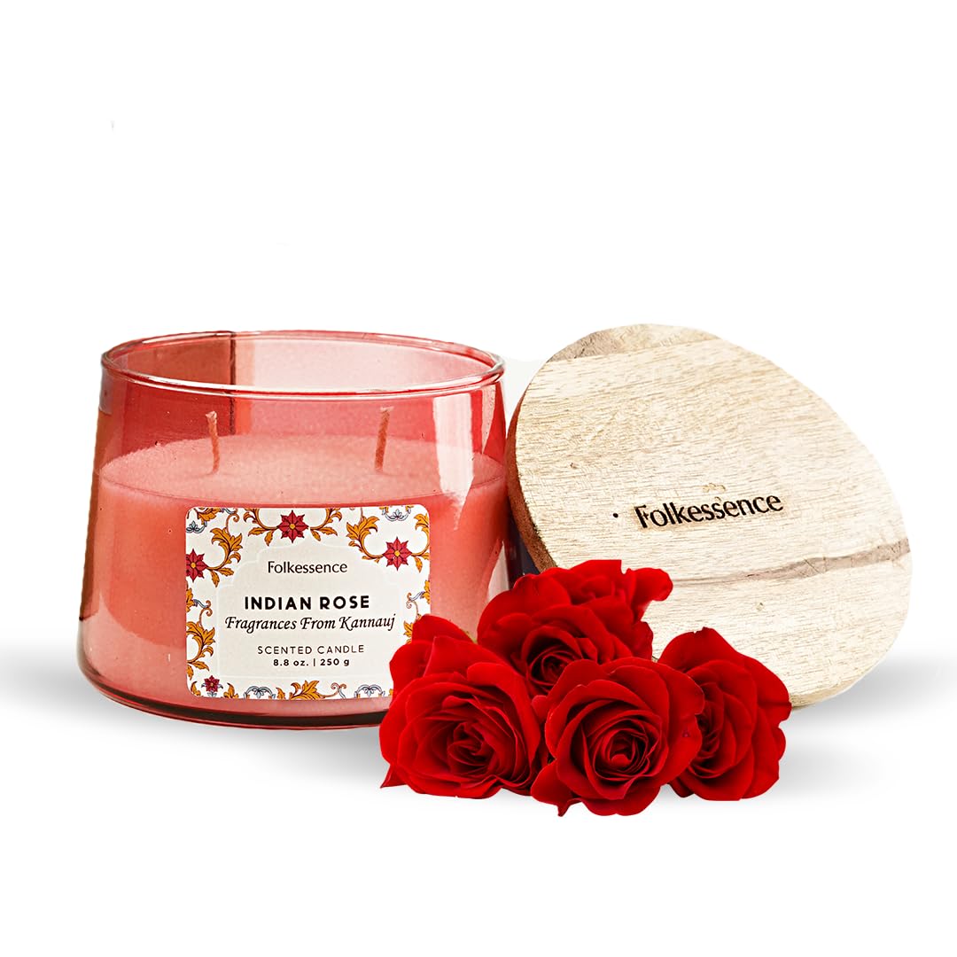 Folkulture Scented Candles- 8.8 Oz | Indian Rose Scented, Luxury Glass Jar Candles for Home, Gifts for Women, Her |Soy, Non Toxic Candle with 30 Hrs Burntime for Aromatherapy, Home Decor