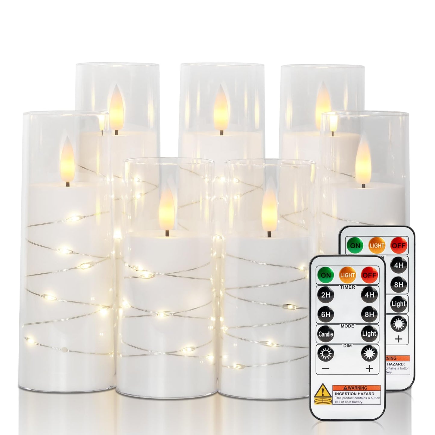 Raycare Flameless Candle with Remote Timer 7 Flickering Acrylic Battery Operated LED Pillar Candles with Embedded Star String for Christmas, Wedding, Home Table Decor, and as a Gift(White)