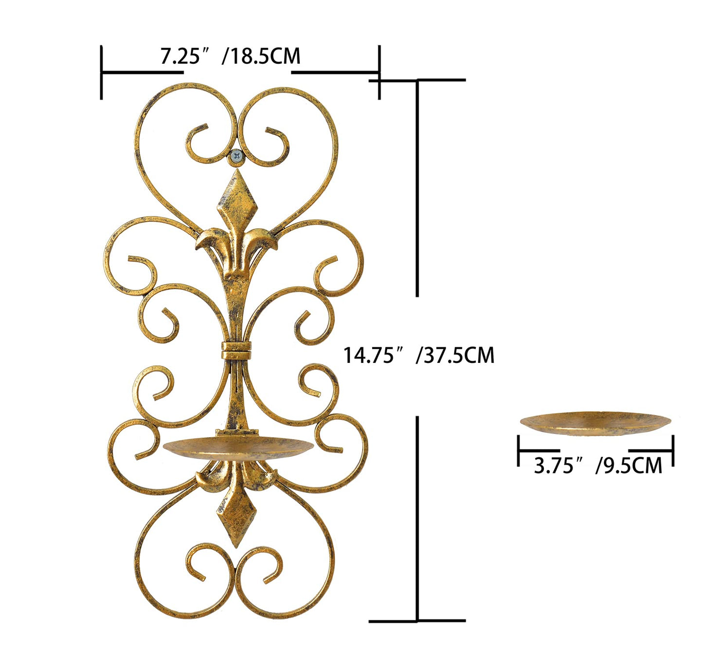 JUCONSIN Set of 2 Wall Sconces Candle Holders Metal Wall Decoration Hanging Wall Mounted Candle Sconces for Home Decor Bedroom Dining Room, Antique Gold