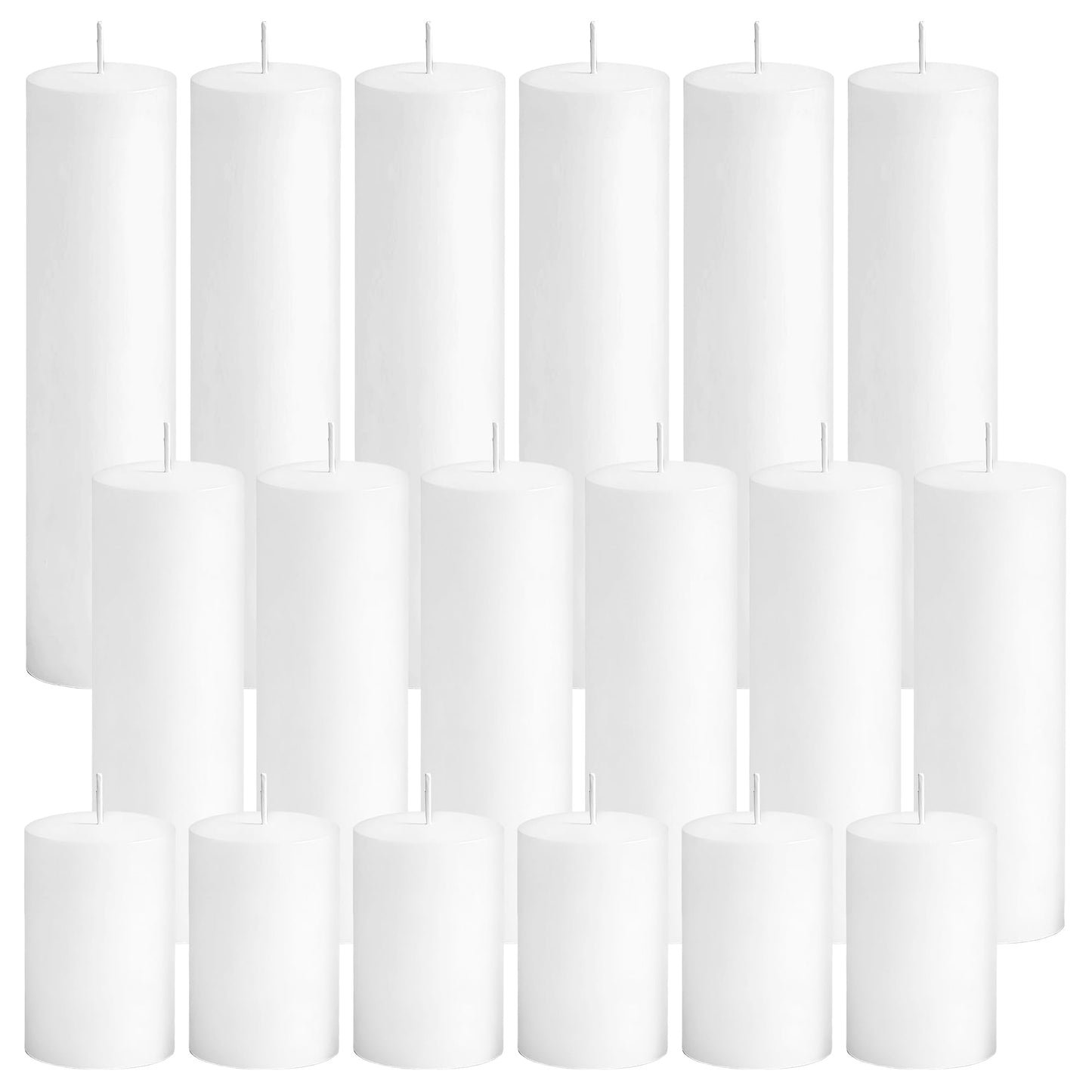 CCXTNQS Long Burning White Pillar Candles Bulk Set of 18, Unscented Low Drip Smokeless 2 in x 3, 6, 8 Inch Candle Set for Wedding Decor, Centerpieces, Mantel, Spa and Home Decor