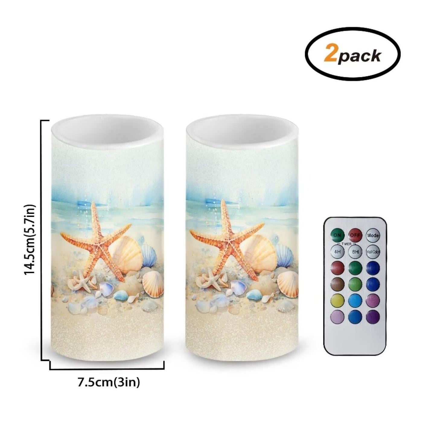 NETILGEN Flameless Candles LED Candles Electric Pillar Candles with Remote Timer Control Long Lasting for Indoor Outdoor Beach Themed Home Decoration Set of 2, Starfish Seashell Painting