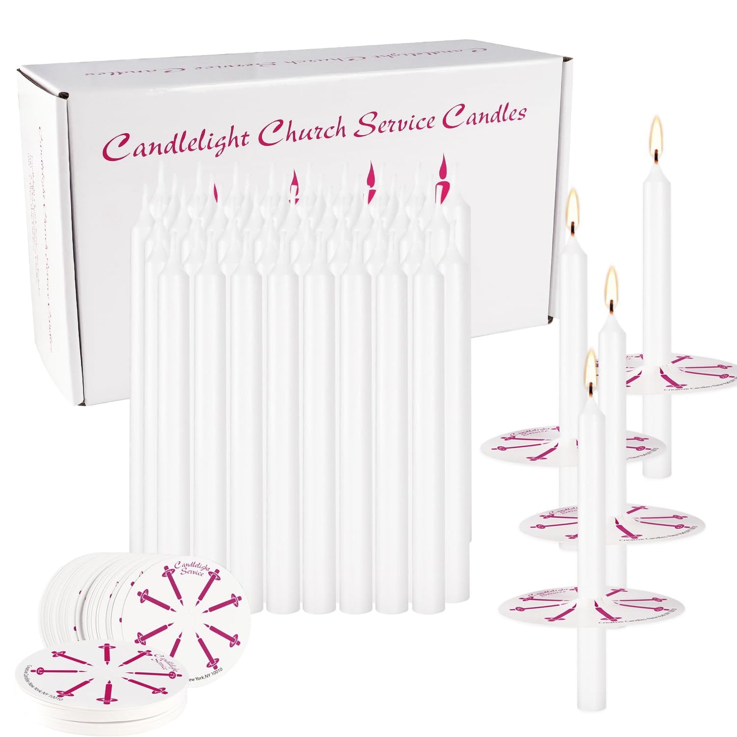 50 Pieces 5-Inch White Unscented Taper Candles with Drip Protectors for Church, Prayer, Shabbat, and Vigil Use