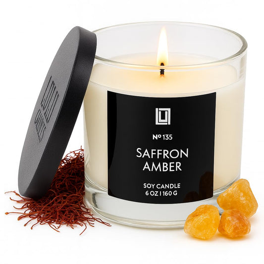 Lulu Candles | Saffron & Amber Scented Candle | Jasmine, Saffron, Cedar & Amber Fragrance | Luxury Soy Blend Jar Candle | Highly Scented, Long Lasting Burn | Home Fragrance (6 Oz.)