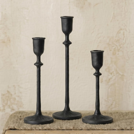 BANOMII Antique Candlestick Holders Set of 3, Cast Iron Taper Candle Holder for Dining Table Centerpiece, Fireplace Mantel Decor, Vintage Tall Candle Stands, Christmas Decorations, Matte Black