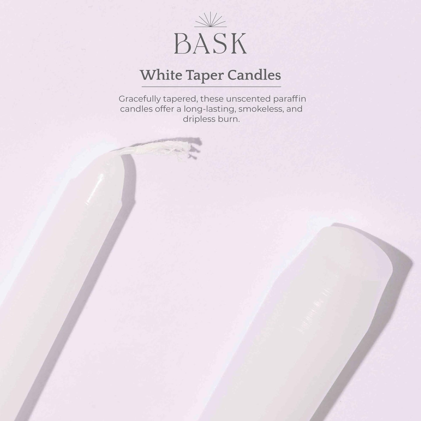 Bask 10-inch Taper Candles - Unscented and Dripless - Burns for 8 Hours - Home Decor for Dinner Table, Kitchen, and Bedroom - Perfect for a Romantic Date or Anniversary - 12-Pack - White