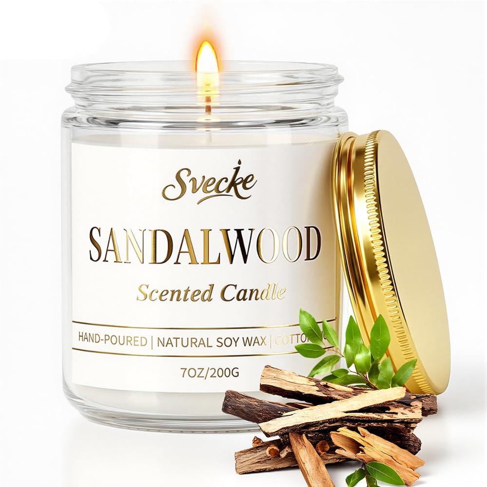 SVECKE Sandalwood Scented Candle 7oz Soy Wax Jar Candle Long Burning Aromatherapy Candle for Home Bedroom Gift for Women Men Housewarming New Home Gift