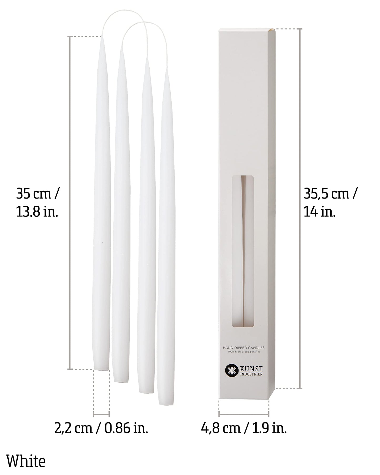 Kunstindustrien® White Taper Candles – Set of 4, 13.8" – Made in Denmark, Long Burning Candles 15h, Unscented & Smokeless Candlesticks – Elegant Tall Candles for Weddings, Dinners & Home Decor (White)