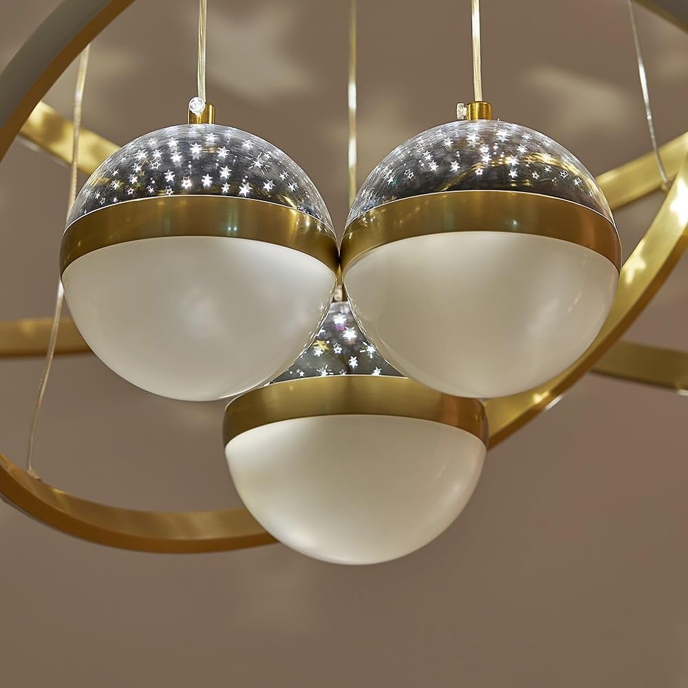 LOVEDIMA Modern Gold 3-Light LED Chandelier with Remote Control, Starry Sky Projection,3 Color Temperatures,Dimmable Globe Ceiling Light for Bedroom,Dining Room, Living Room
