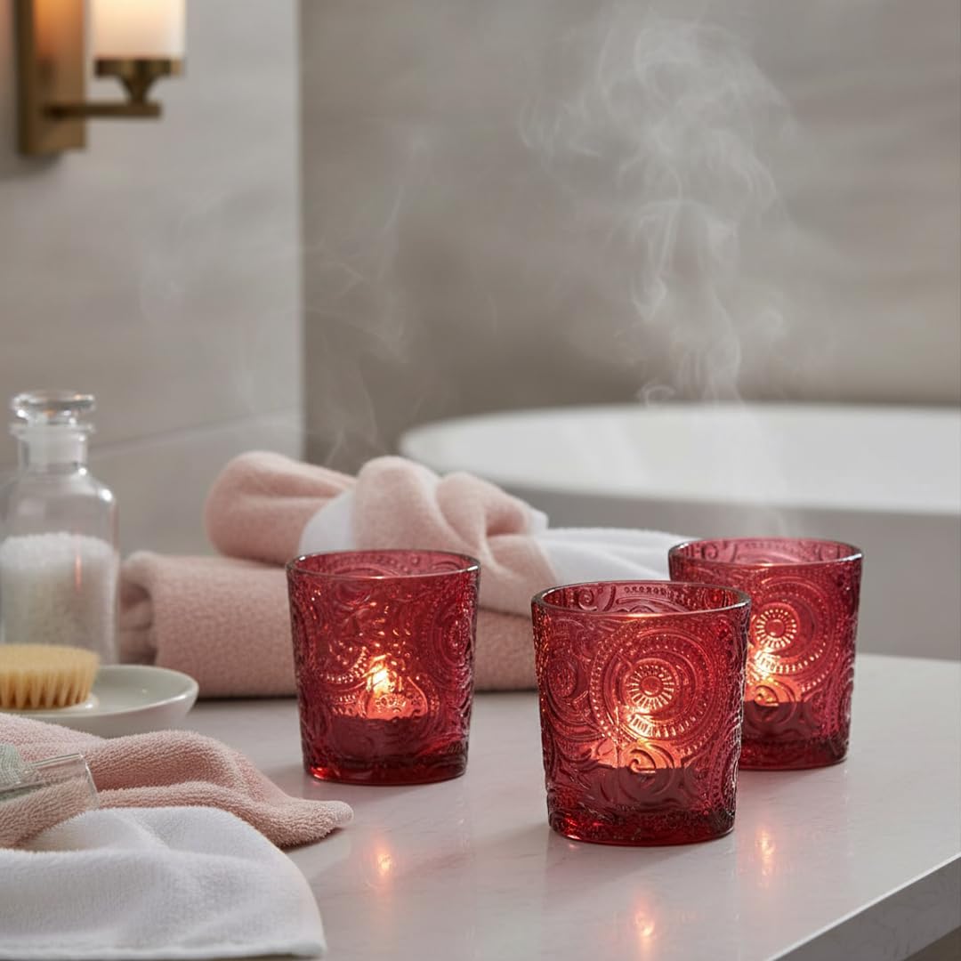 6 Pack Patented Sun Moon Star Embossed Glass Tea Light Candle Holders - Unique Votive Candle Holders for Wedding, Party, and Table Centerpieces (Wildberry Red)