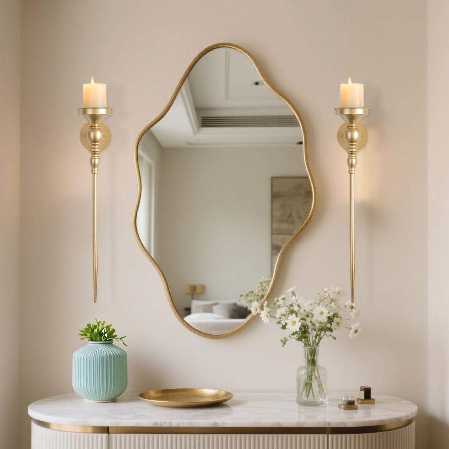 Walasis Candle Sconces Gold Wall Decor: 24.4 Inch Long Wall Candle Holder for Pillar Candles - Metal Art Decoration Candle Sconces Set of 2 for Fireplace Hallway Beside TV