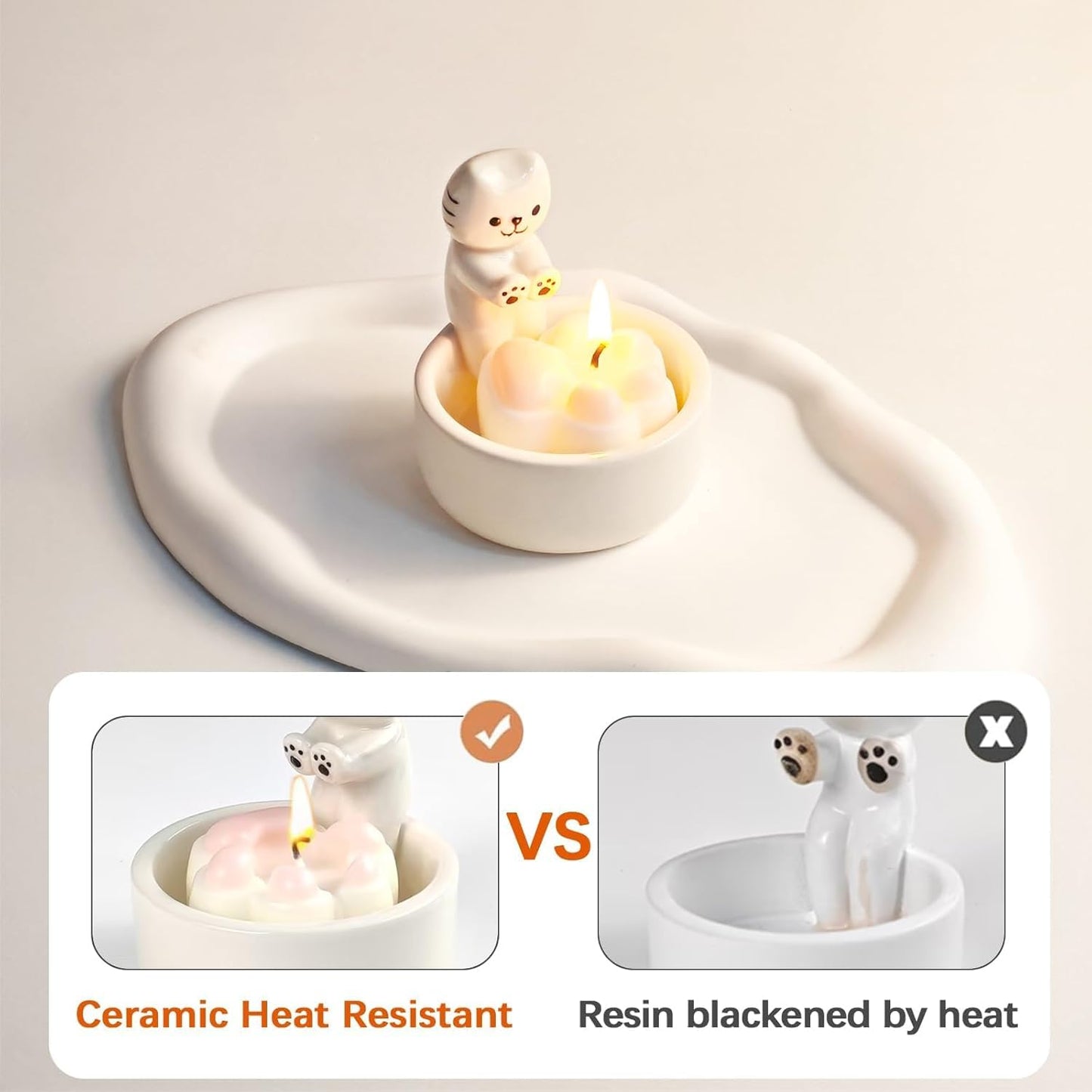 ProNature Kitten Candle Holder with 2 Cat Keychains, Ceramic Cat Mom Gifts, Cute Cat Home Decor Candlestick, Cat Lover Gifts for Women, White（Candle not Included