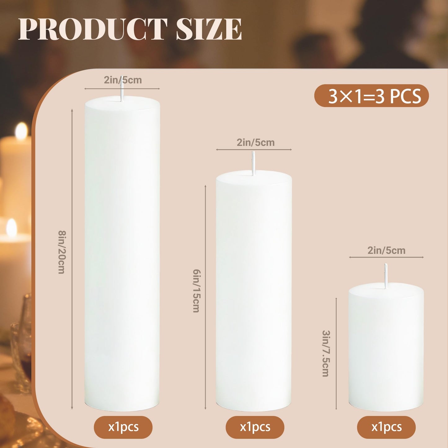 SDBALLBZ 3 Pcs White Pillar Candles Bulk Set, 2x3” 2x6” 2x8” Paraffin Hurricane Candles, Unscented Dripless Smokeless, Long Burning for Home & Table Decoration, Dinner & Romantic Atmosphere