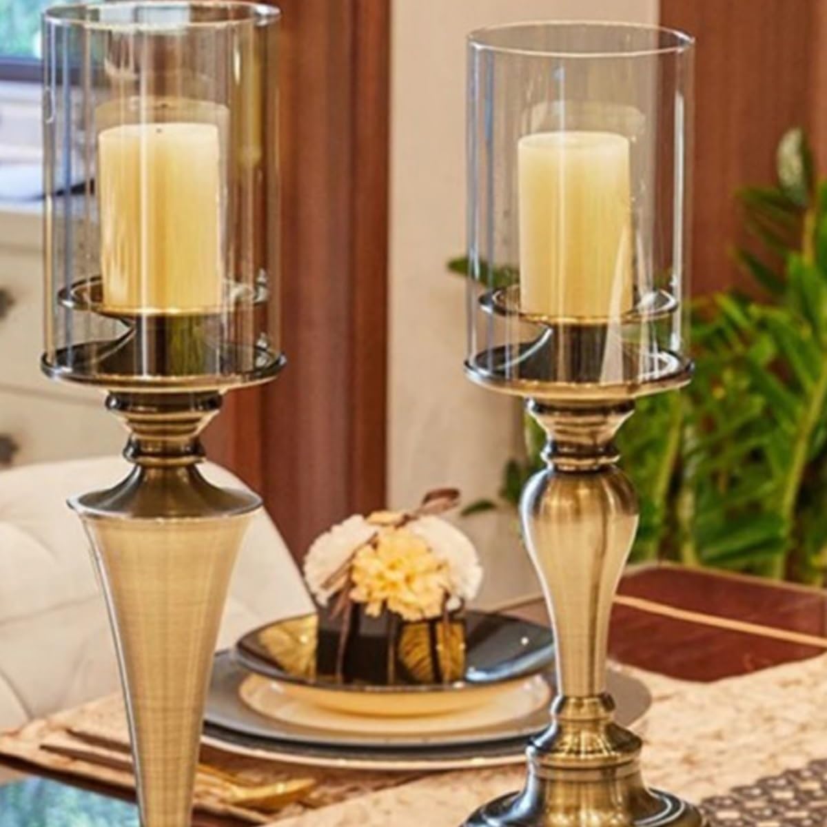 Candlestick Holders Creative Iron Candlestick with Glass Cover Home Dining Table Decoration Candlestick Ornaments Candle Holders