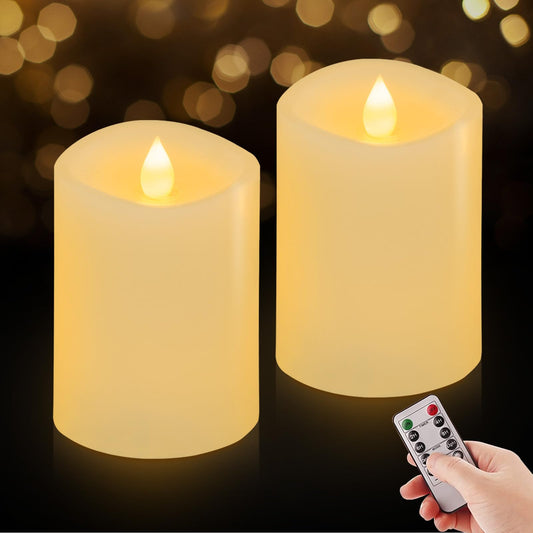 ASLDOIWEH 3x4 Flickering Flameless Candles Set of 2, 2AA Battery Life 600 Hours Battery Candles Flickering with Timer,4 inch Flameless Candles with Remote for Indoor/Outdoor, White