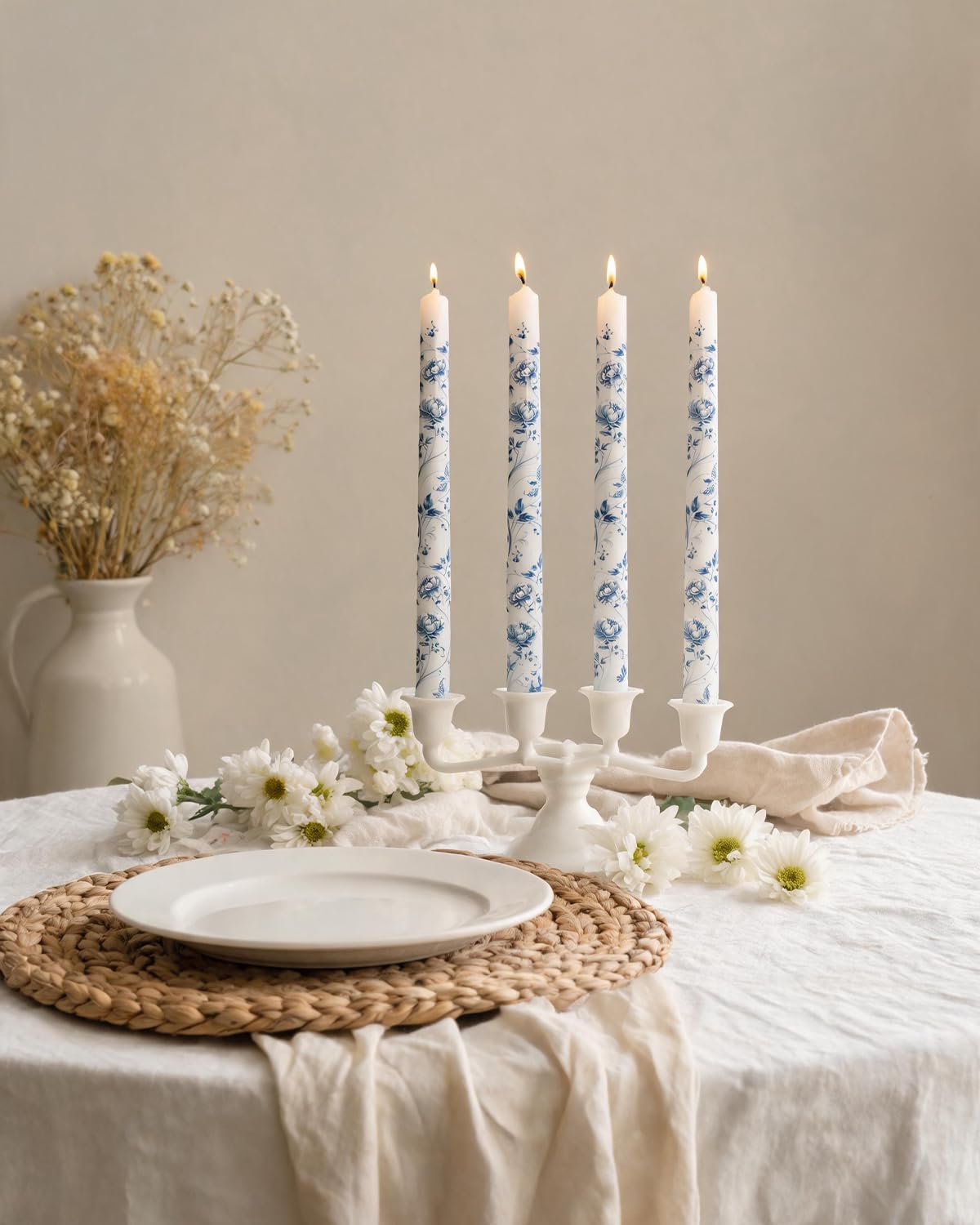 MAITREYA Chinoiserie Taper Candles Blue and White Chinoiserie Decor Candlesticks for Wedding Party Home Table Centerpiece Christmas Halloween Gifts-10Inch,4 Pcs,Peony