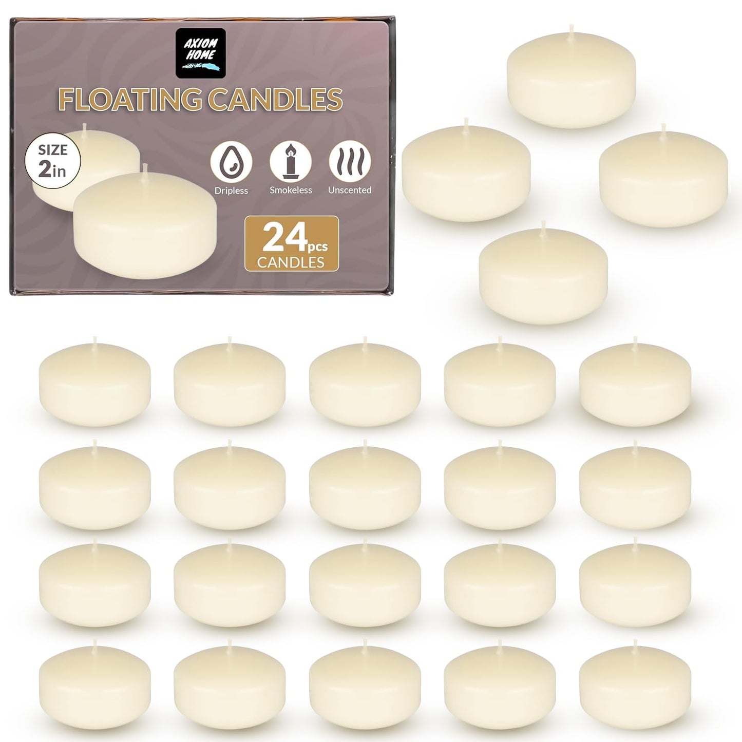 Axiom - Ivory Floating Candles (24-Pack) - 2 inch floater for Centerpieces - Hand-Rolled Paraffin, Cotton Wicks, 4-Hour Clean Burn - Unscented, Dripless Water Candles for Weddings, Parties, Home Decor