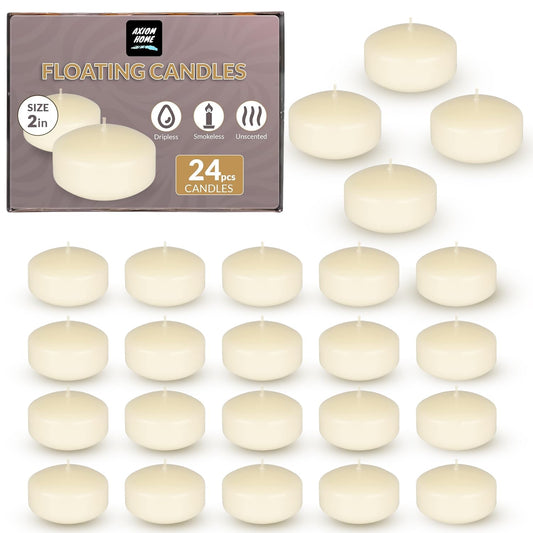 Axiom - Ivory Floating Candles (24-Pack) - 2 inch floater for Centerpieces - Hand-Rolled Paraffin, Cotton Wicks, 4-Hour Clean Burn - Unscented, Dripless Water Candles for Weddings, Parties, Home Decor