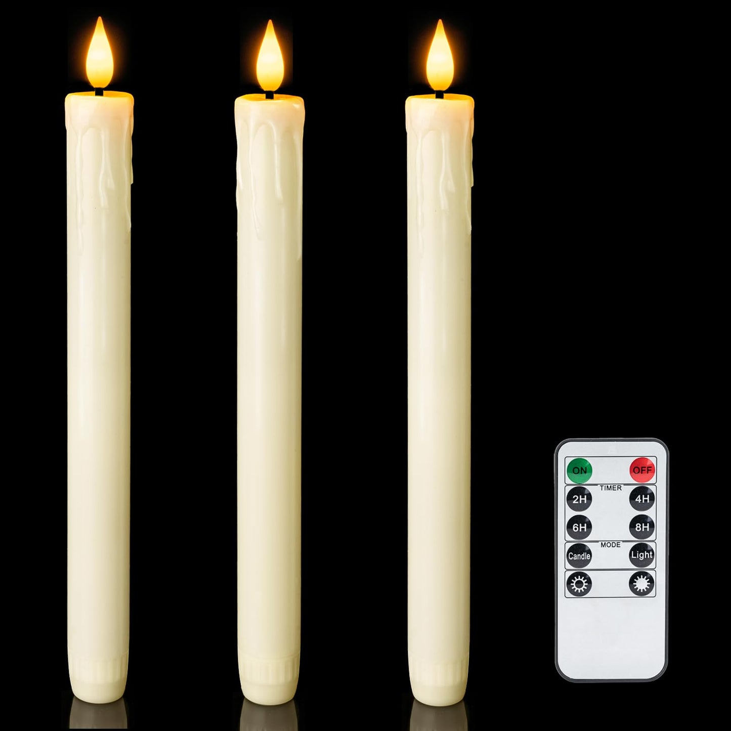 Homemory 3 Pcs Real Wax Flameless Taper Candles with Remote Timer and Dimmer, Battery Operated Candlesticks with Flickering Light, Ivory Window Candles, 9.6 Inches for Wedding Home Decor