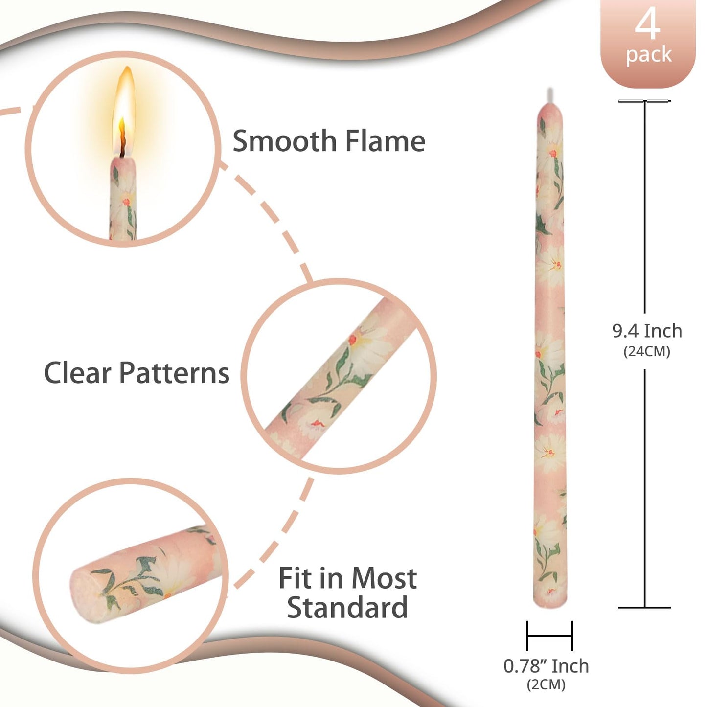 NJAO HOO Flower Candlesticks 10 in Straight Taper Candles Pink Hand Printing Daisy Candlesticks Floral Tall Tapered Candle for Home Garden Decor Simple Modern, 2Pcs