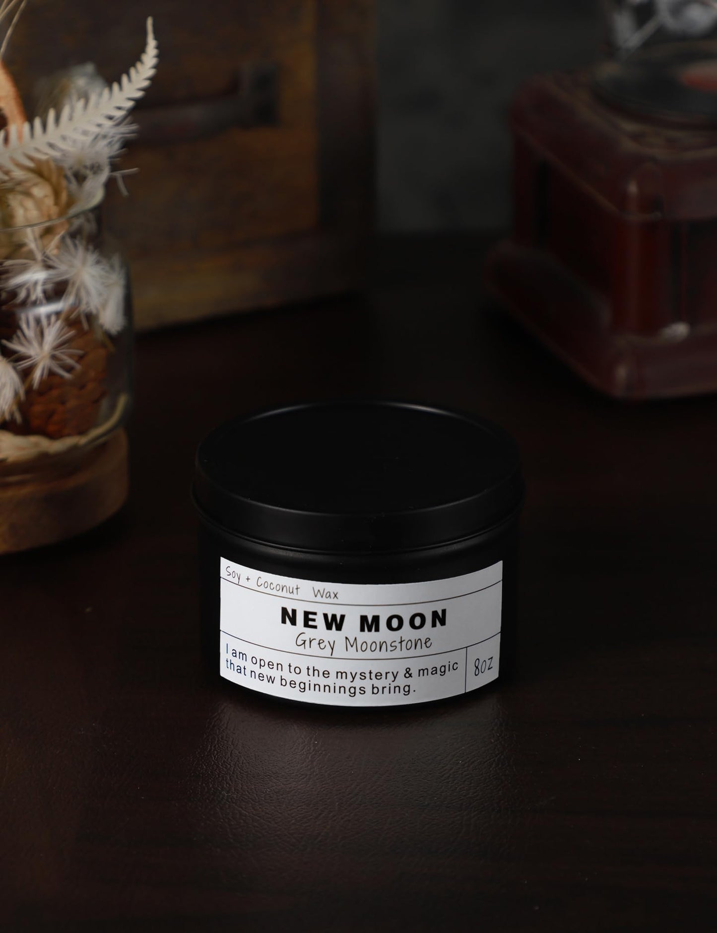NEW Moon Handmade Candle, New Beginnings, Ritual Energy Gift, Intention De-Stress Good Fortune, Success Protection, Meditation, Moonstone, Soy Wax (8oz)