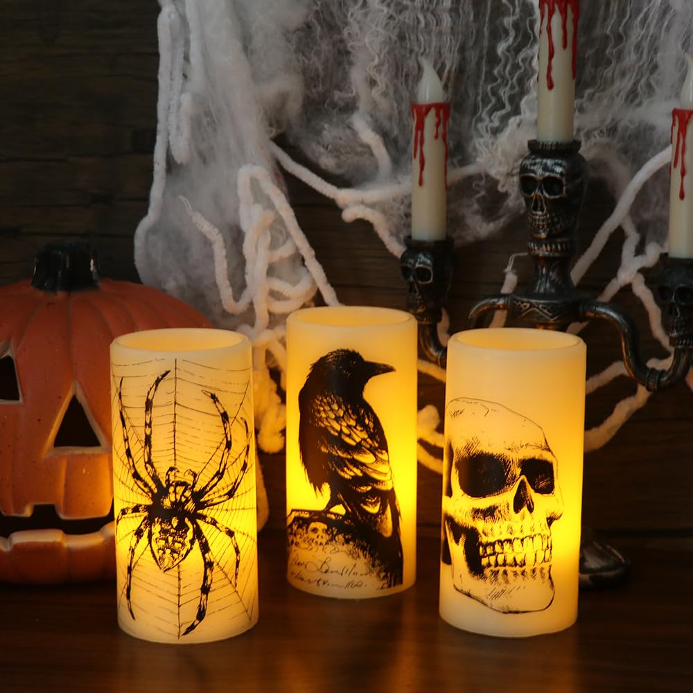 Lasumora Halloween Flameless Candles with 6H Timer, LED Pillar Candles mit Skull, Spider Web, Crow Raven Decals Set of 3, Battery Operated Real Wax Candles, Halloween Decor Horror Gothic Punk