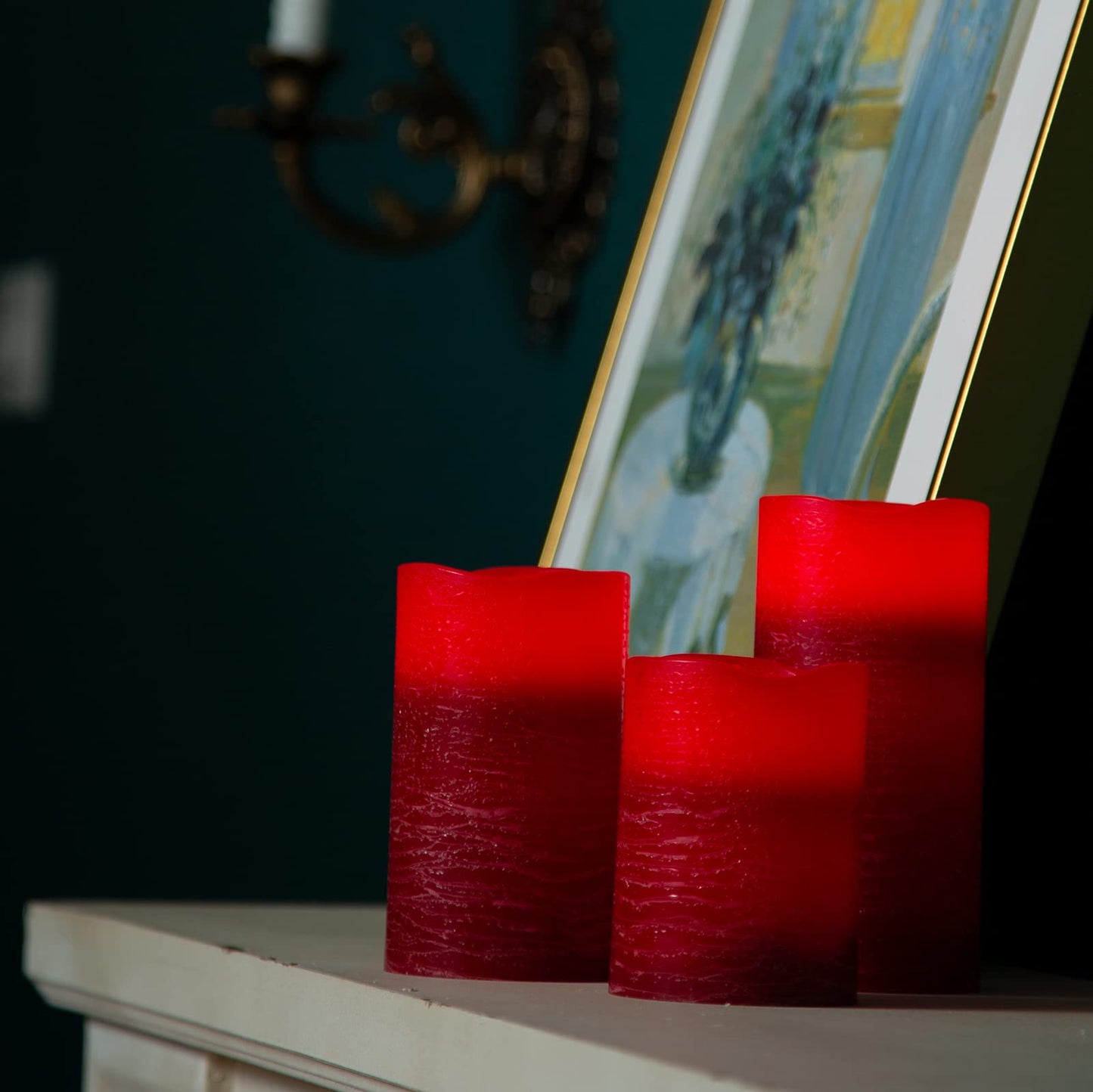 H-BLOSSOM Red Flameless Candles Real Wax LED Pillar Candles Battery Operated with Cycling 5H Timer Set of 3 (3" x 4"/5"/6") (Red)