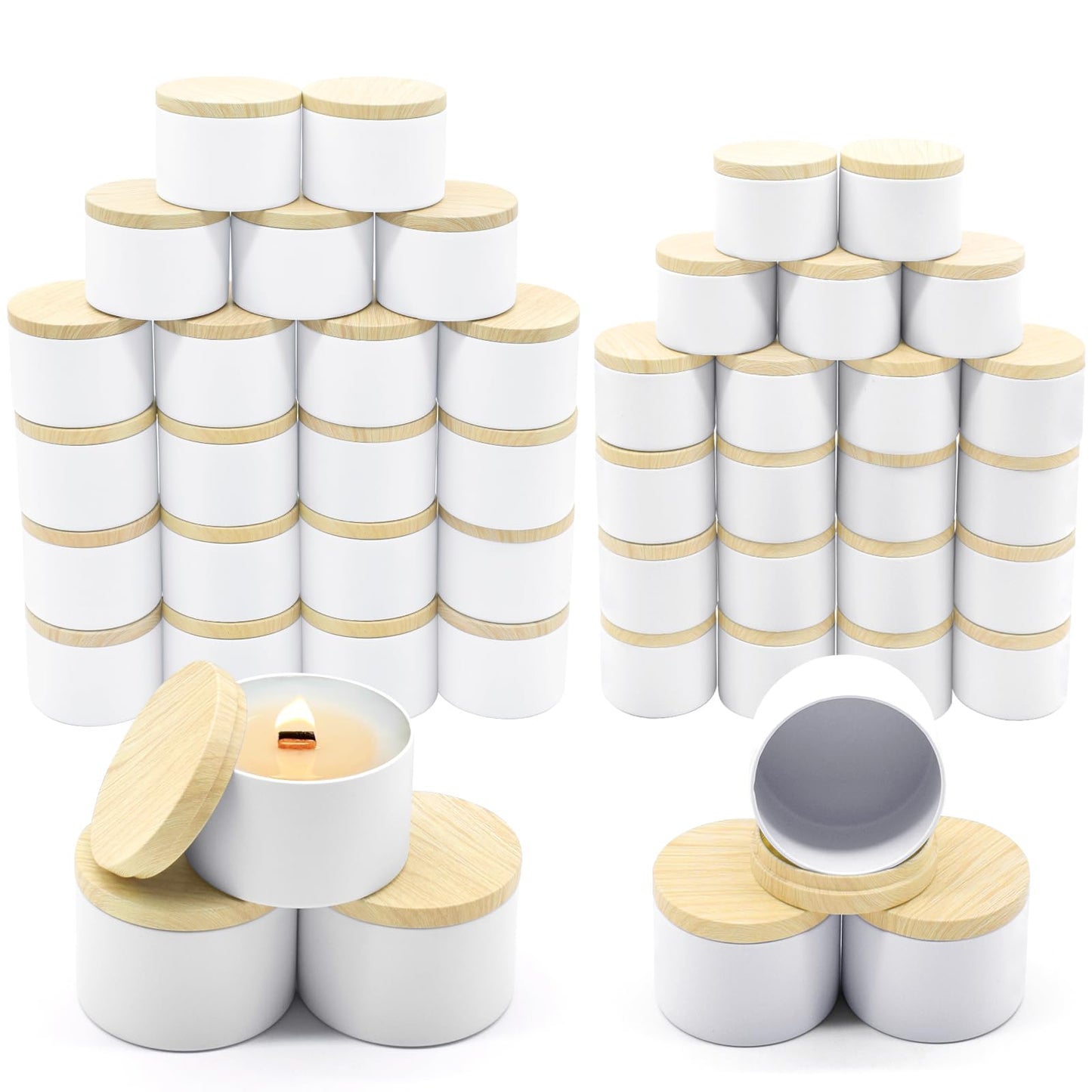 YJHSS 48-Pack Candle Jars, 24pcs 8oz + 24pcs 4oz Candle tins with Metal Wood-Grain Printing Lids, Empty Candle Jars for Making Candles Bulk Candle Containers-White