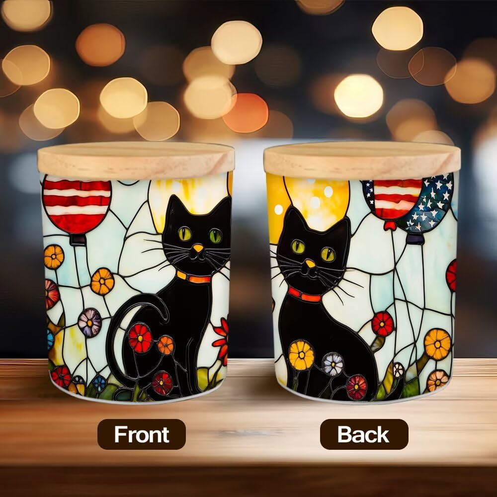 Stained Glass Black Cats Tea Light Candle Holders,Balloons Tealight Candle Holder Jar with Wooden Lid, Floral Votive Candlesticks for Table Centerpieces, Christmas,Birthday Party,Home Decor