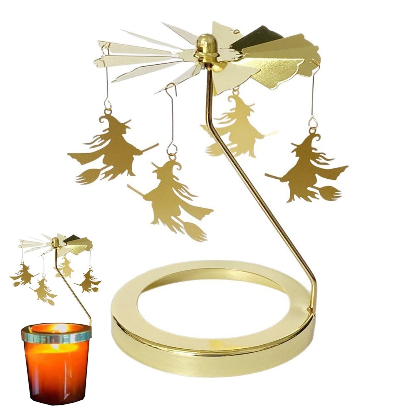 Flying Witch Candle Carousel Topper, Halloween Witch Decor Rotating Candle Holder Topper Candlestick Tealight Rotating Shadow Holders for Home, Centerpiece, Candlestick Tealight Decor (Gold_6.3cm)