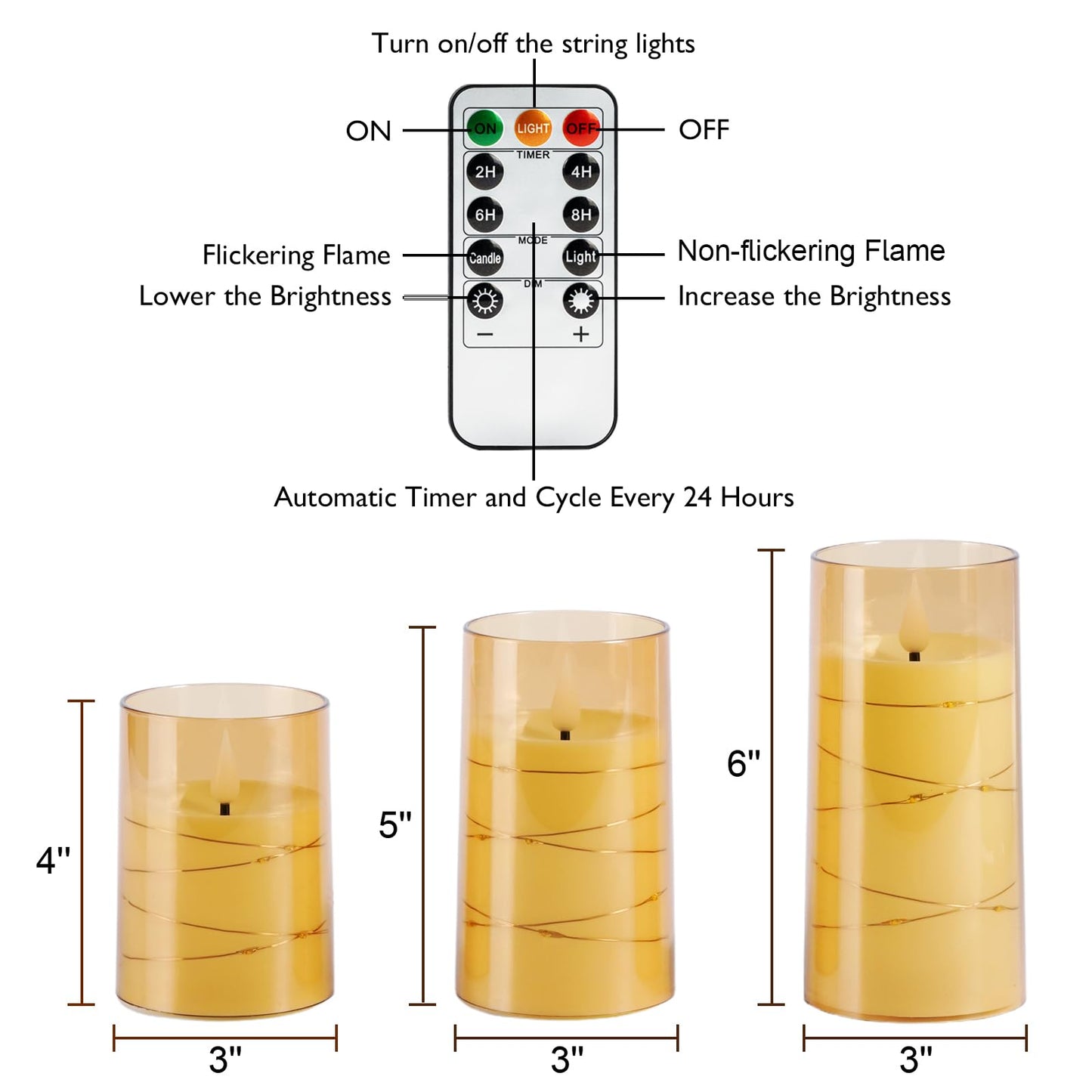 Homemory Flameless Candles with Embedded Star String Fairy Lights, Battery Operated Candles, LED Candle, Fake Candles with Remote Control and Timer, Gold, Set of 3(H 4" 5" 6”)