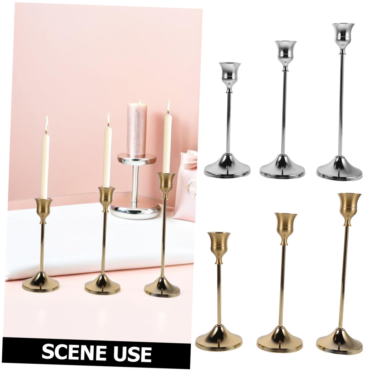 Ipetboom 6pcs European Style Taper Candle Holders Set, Alloy Metal Stable Candle Display with Polished Finish, Elegant Vintage Carved Design for Wedding Table Centerpiece and Holiday Event