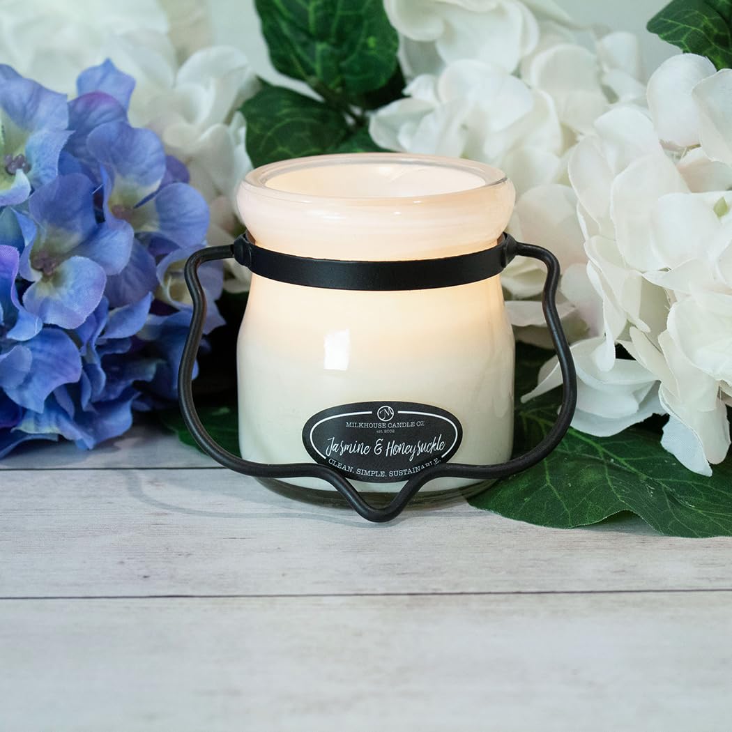 Milkhouse Candle Company Jasmine & Honeysuckle Soy Candle - Honeysuckle | White Jasmine | Citron & Greens Scented - 5 oz Cream Jar with Lid, 35+ Hour Burn Time, Made in the USA