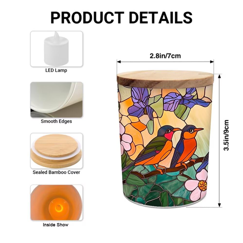 Stained Glass Birds Tea Light Candle Holders, Spring Blossoms Tealight Candle Holder Jar with Wooden Lid, Votive Candlesticks for Table Centerpieces, Christmas,Birthday Party,Home Decor