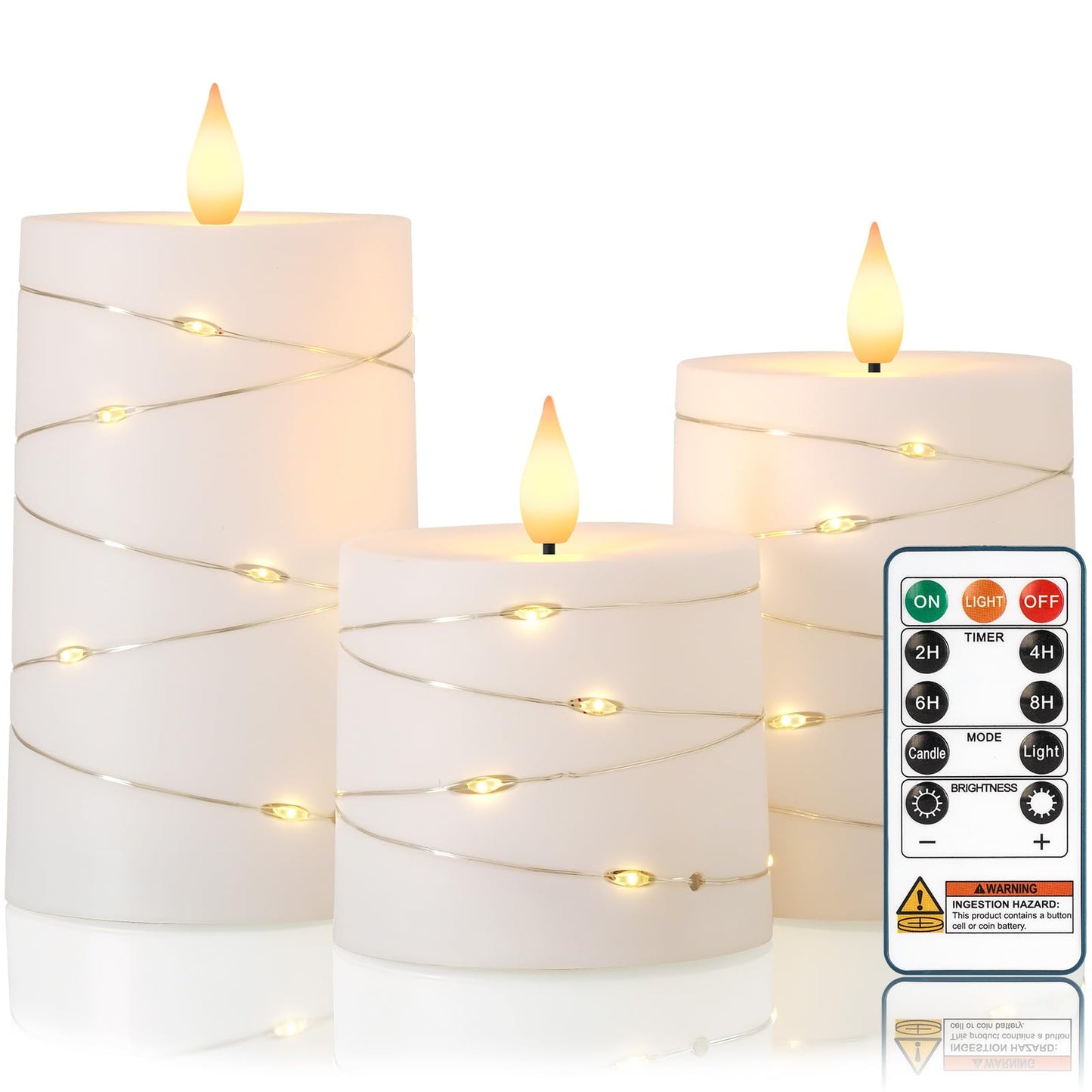 Raycare Flameless Candles with Remote Timer, Flickering Battery Operated LED Pillar Fake Candle with String Lights for Home Decor, Christmas, Wedding and Gift, White, Set of 3