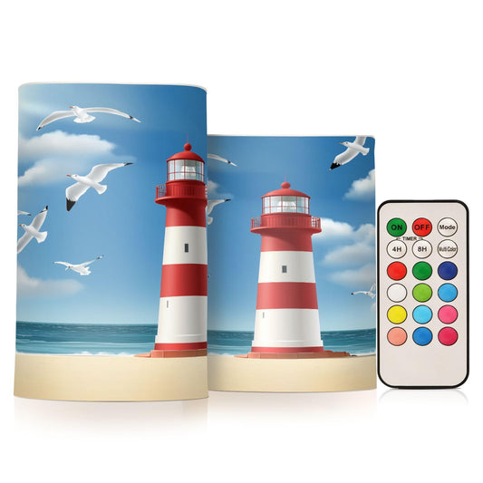WEVIBOFU Lighthouse Seagull Beach Flickering Flameless Candles LED Battery Operated with Remote Timer Pillar Candles for Home Birthday Wedding Christmas Decor, Set of 2