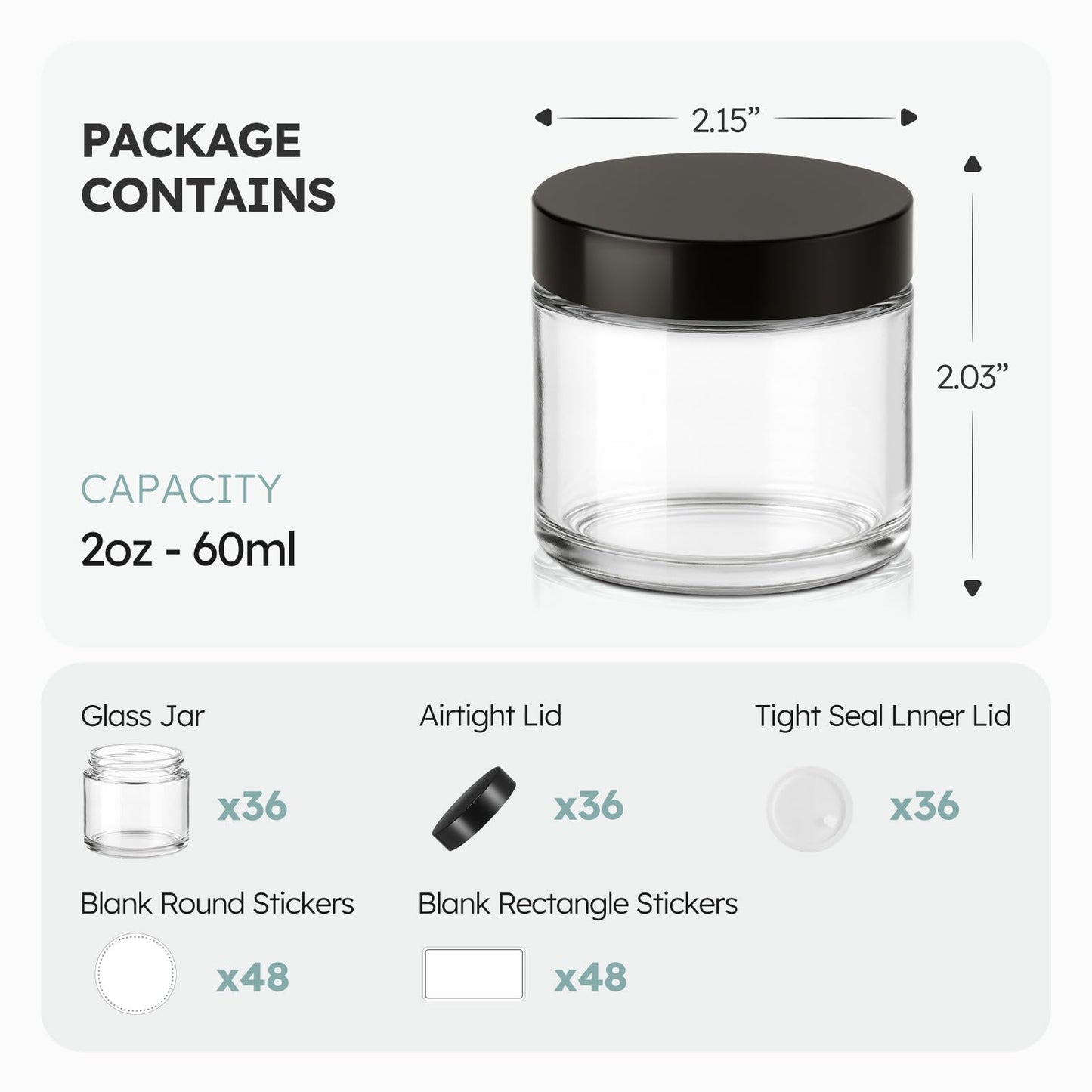2 oz Glass Jars with Lids, 36 Pack Clear Small Glass Jars with Black Lids Leakproof Round Airtight Empty Cosmetic Travel Containers with Inner Liners For Lotions Powders and Candle Making