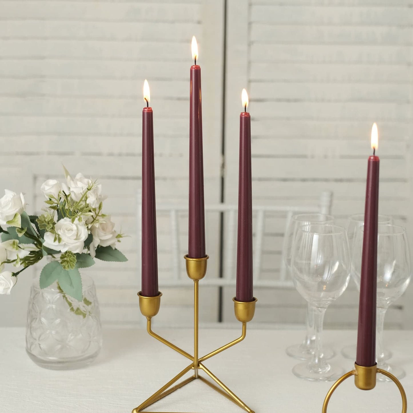 Tableclothsfactory 10" Tall Premium Quality Dripless Unscented Burgundy Taper Candles Wedding Dinner Candles for Wedding Decoration Set of 12