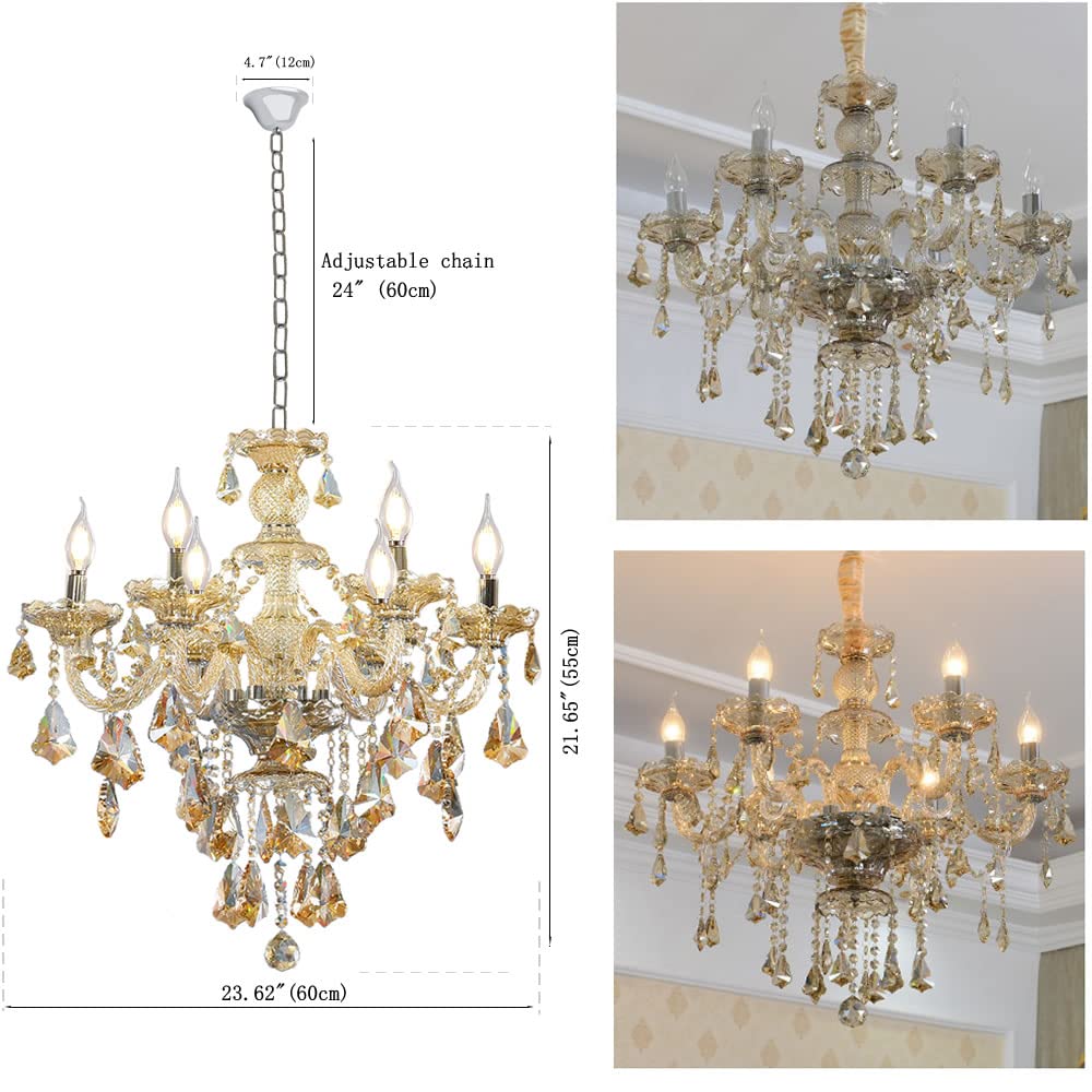 Durahonn Modern K9 Crystal Chandelier Cognac 6 Lights, E12 Base Candle Crystal Pendant Lighting Fixture, Elegant Crystal Ceiling Light for Dinning Living Room Bedroom Hallway (6 Lights)