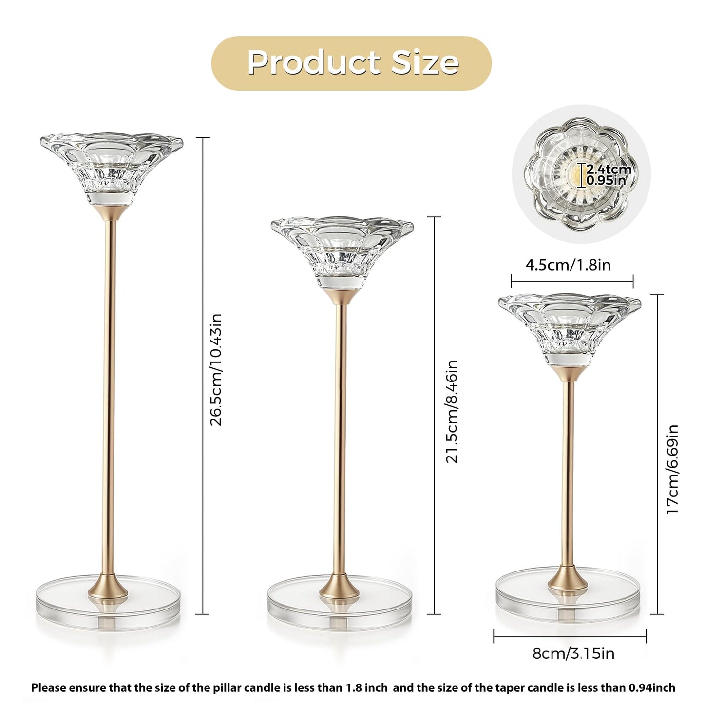 Maleoruigy Candlestick Holders, Crystal 2 in 1 Taper and Pillar Candle Holders, Set of 3 Clear Glass Candle Holder, Decorative Candle Holder Candelabra for Home Decor, Wedding, Party, Anniversary