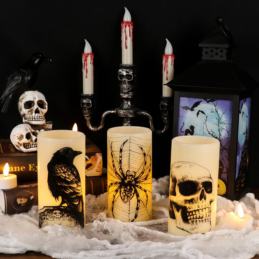 Eldnacele Halloween LED Flameless Flickering Candles Battery Operated with 6H Timer Skull Spider Web Crow Raven Spooky Decals Halloween Themed Indoor Decoration(3 Pack, D3 x H6)