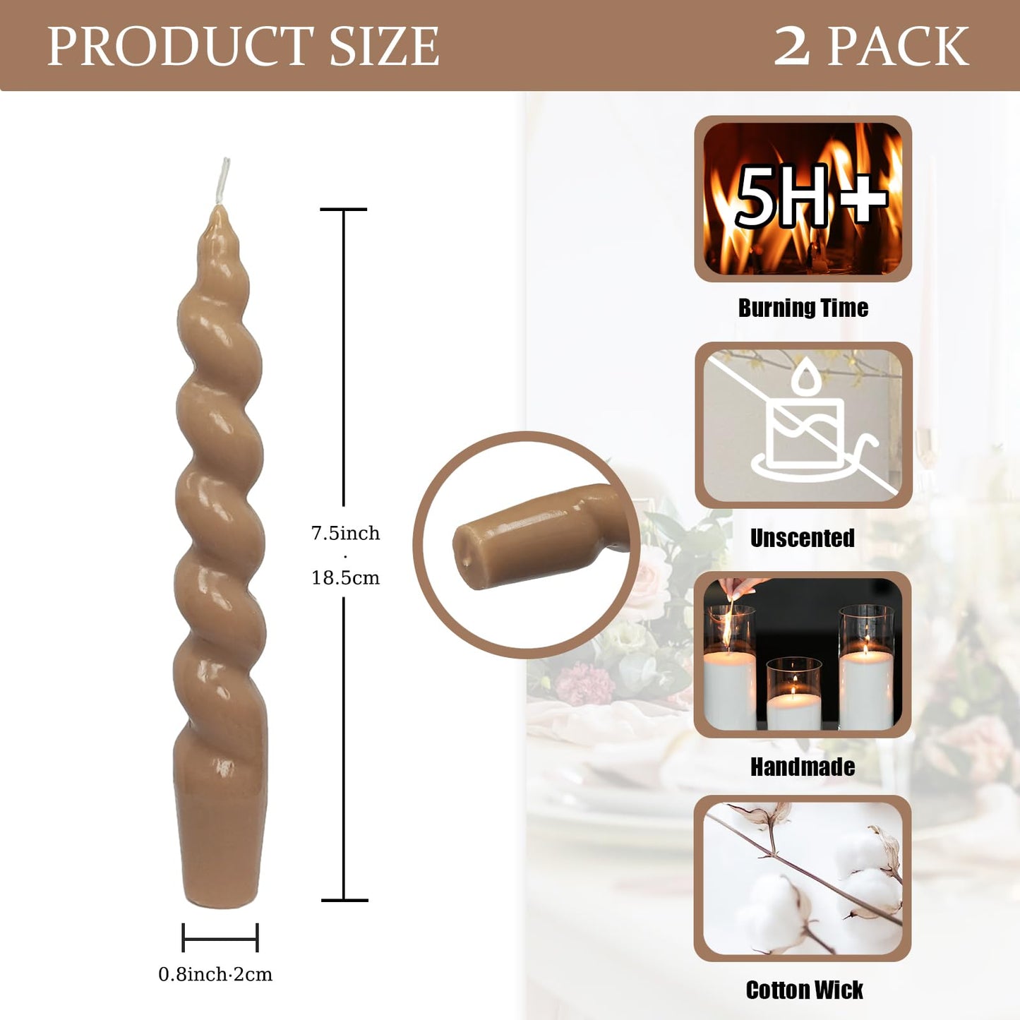 2 Pack 7.5 Inch Brown Spiral Twisted Taper Candles Unscented Dripless Candlesticks Handmade Candle Sticks for Candlelight Dinner Valentine's Day Wedding Home Decor