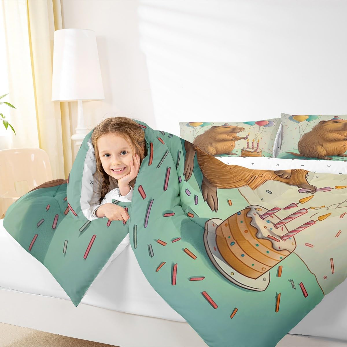 Erosebridal Cute Beaver Toddler Size Bedding Set for Kids, Wild Animal Comforter Set for Bedroom, Wildlife Down Comforter, Happy Birthday Cake Candle Balloon Duvet Insert