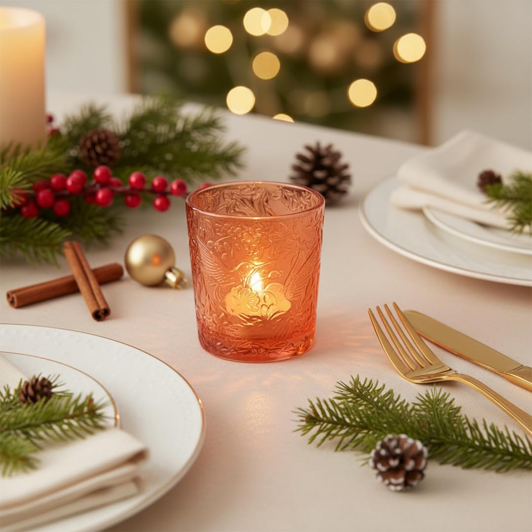 6 Pack Hummingbird Embossed Glass Candle Holders Votive Tealight Holders with Patent Design, Decorative Glass Cups for Wedding Centerpieces, Parties, and Home Decor (Pumpkin Spice)