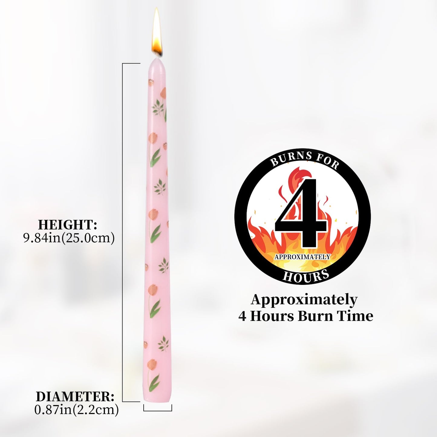 Taper Candles,10 inch 2pc Pink Tapered Candles with Tulip Printed, Unscented and Smokeless Long Burning Candles,Tall Candlesticks with Cotton Wicks,Ideal for Weddings, Home Décor