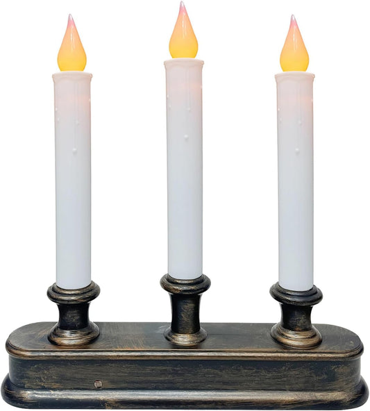 Christmas Window Candle - 3 Light Battery Operated LED Window Candelabra with Dusk to Dawn Light Sensor, Flicker Flameless Candle Lamps for Home Table Party Christmas Decoration, Bronze Base