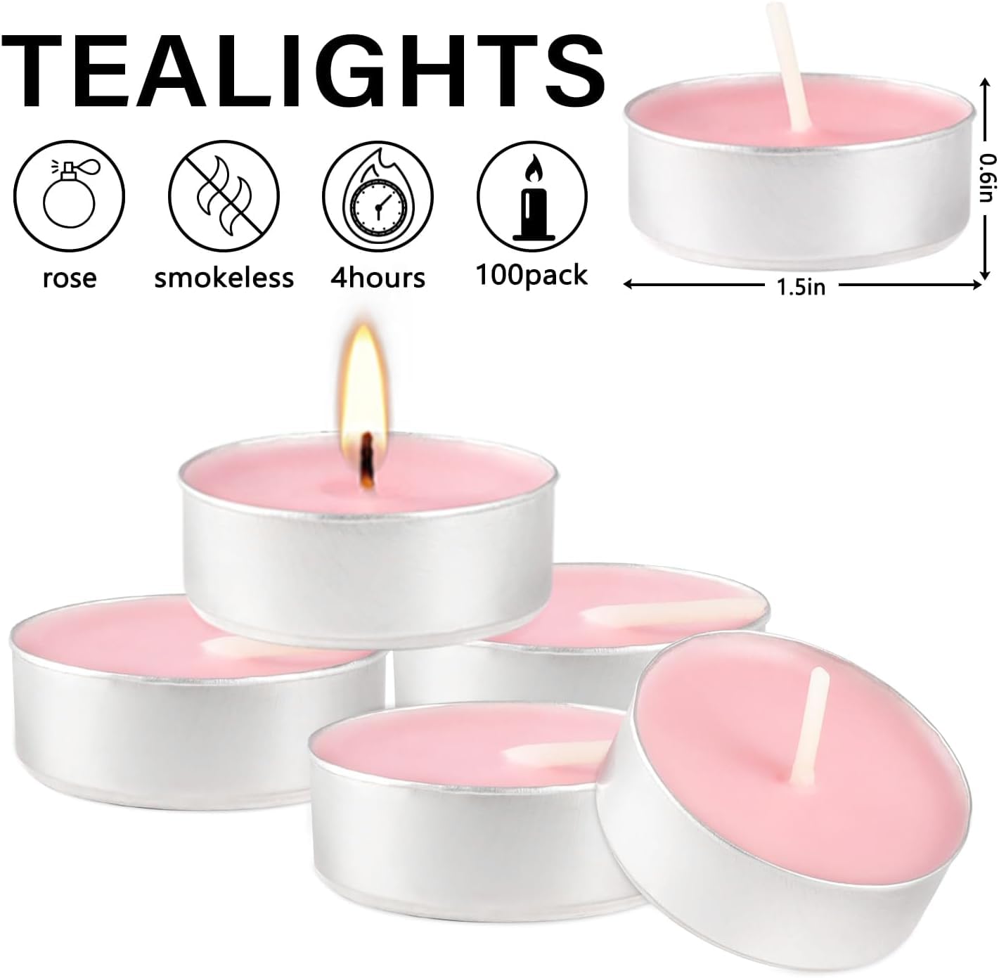 Howemon Pink Rose Scented Tealight Candles - 4 Hours - Giant 100 Bulk Packs - Smokeless Tea Lights for Valentine's Day, Weddings, Christmas, Home Decorative