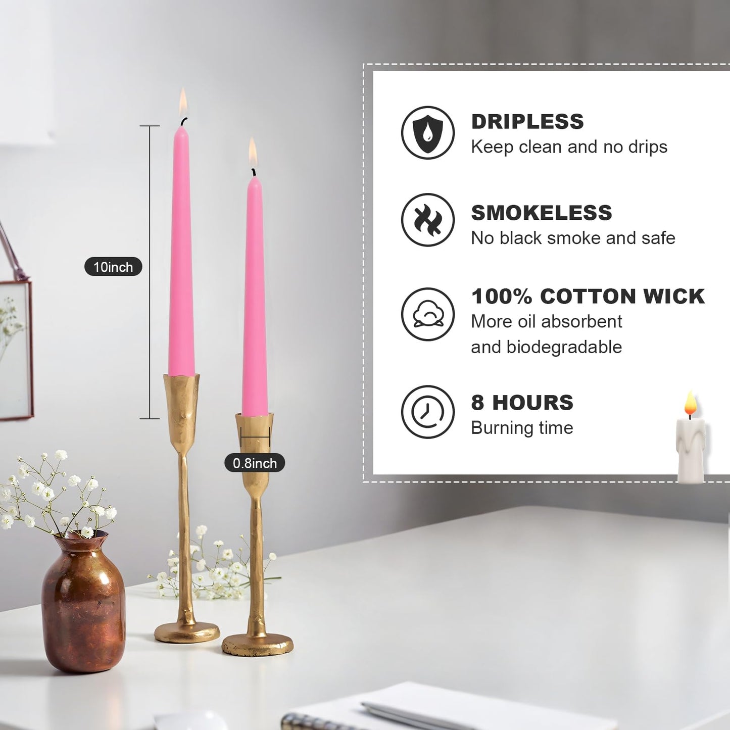 Ksefey 10 Inch Pink Taper Candles Set of 6 - Dripless,Unscented,8 Hours Burn Time-Perfect for Wedding,Dinner,Party and Home Decor
