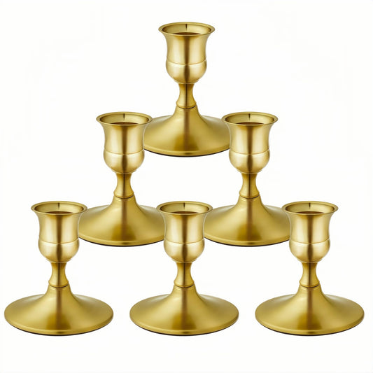 Vintage Brass Gold Taper Candle Holders, Set of 6, Metal Taper Candlestick Holder for Dinner Room Table Centerpiece, Wedding Reception, Festive,Mantel Decoration, Home Decor (Brass Gold, Set of 6)