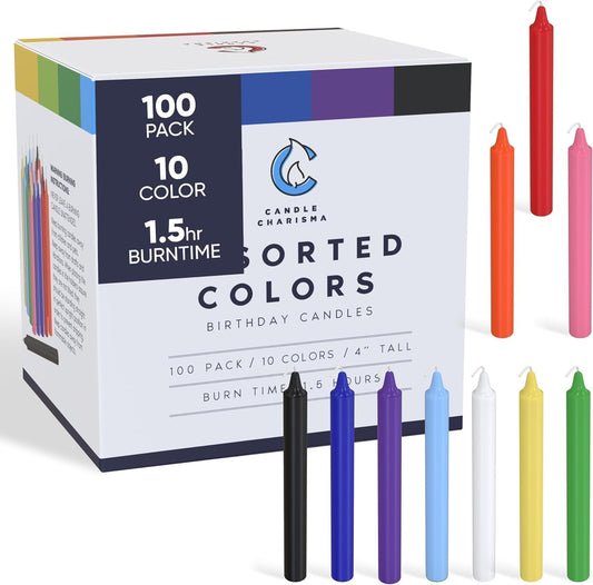 Candle Charisma 100 Multi-Colored Spell Candles - 4" Unscented Paraffin Chime Candles, Smokeless & Dripless, Colored Candles, 1.5 Hours Burn Time 0.4" Thick Taper Candles for Parties