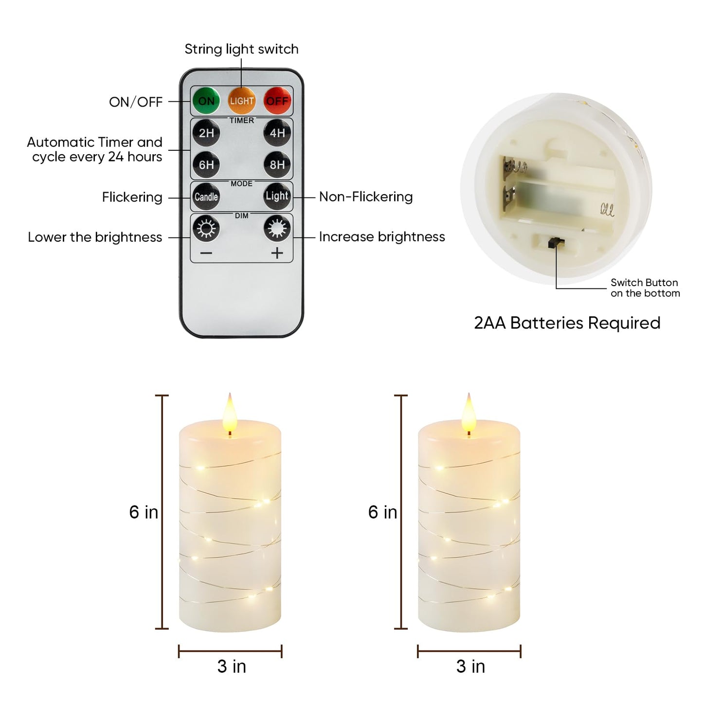 Amagic Flameless Candles with Embedded String Lights, 11-Key Remote & Timer, 3D Wick Real Wax Battery Operated Flickering Led Pillar Candles for Home, Lantern Decor, Set of 2, White